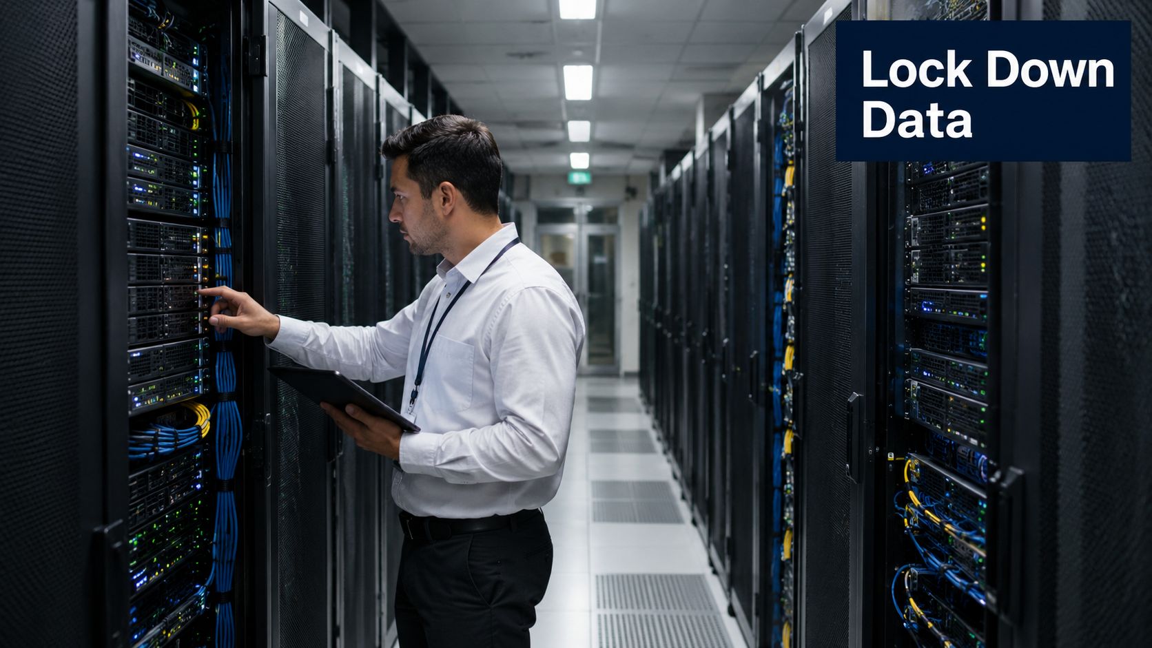 An IT technician in a data center inspecting server equipment while holding a digital tablet device.