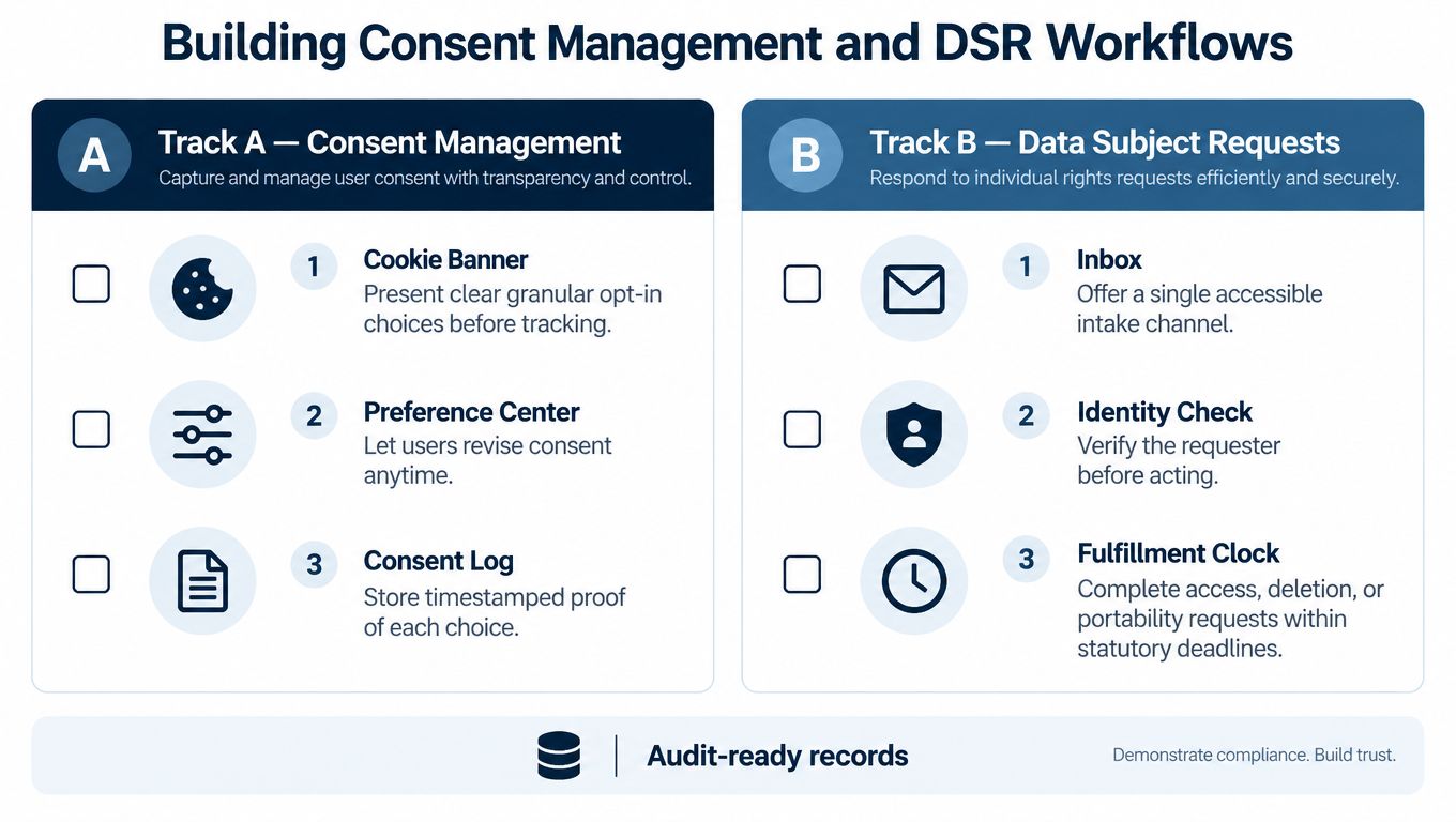 A diagram illustrating two business workflows: Track A for consent management and Track B for data subject requests.
