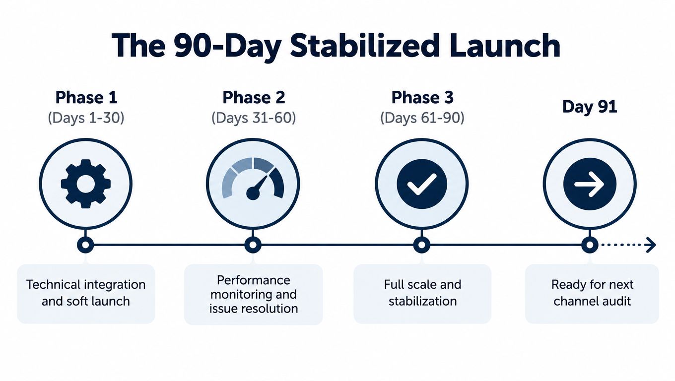 A timeline graphic illustrating the 90-day stabilized launch process across three phases and a final milestone.