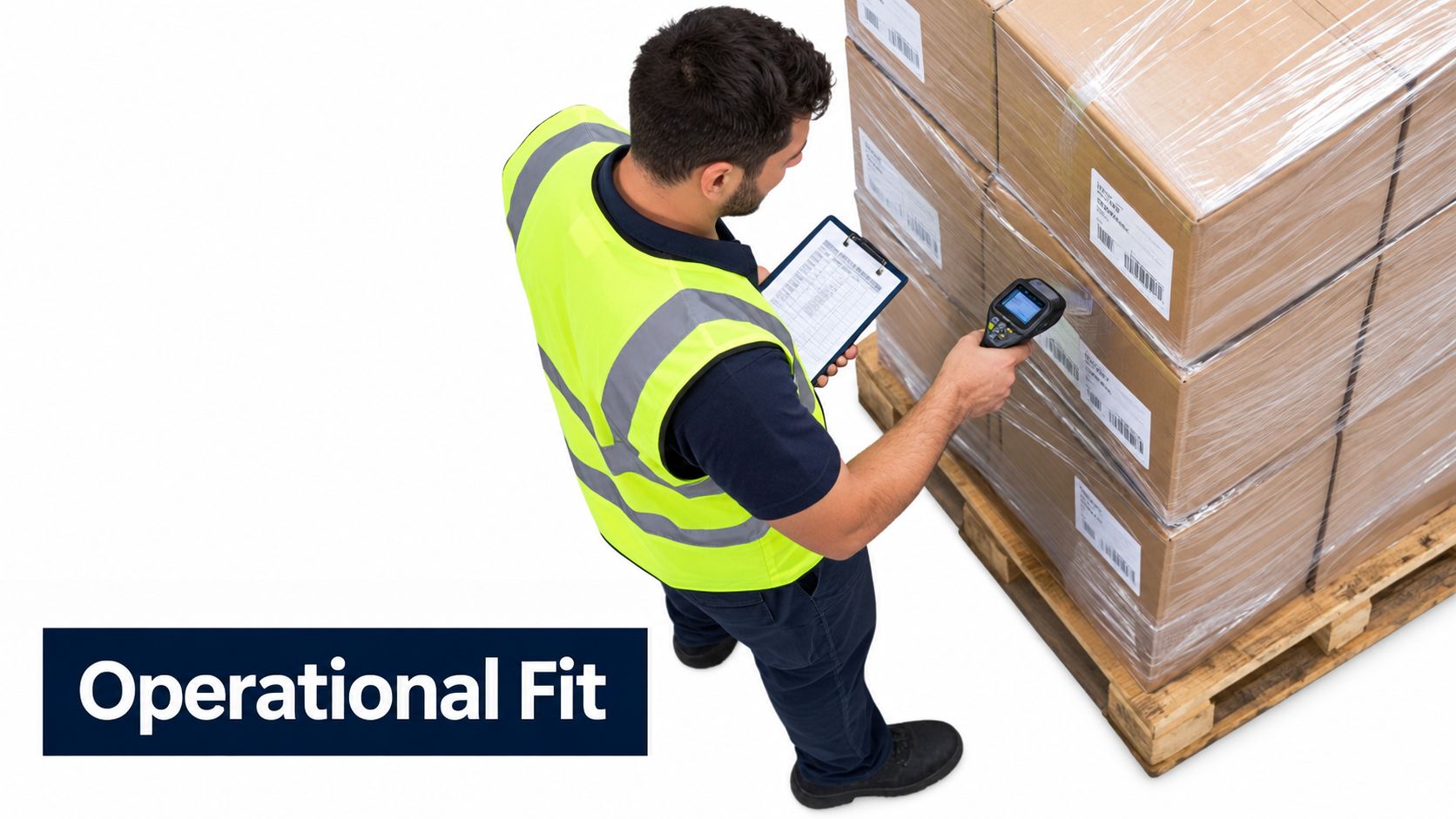 A warehouse worker in a high-visibility vest uses a barcode scanner on a pallet of packed cardboard boxes.