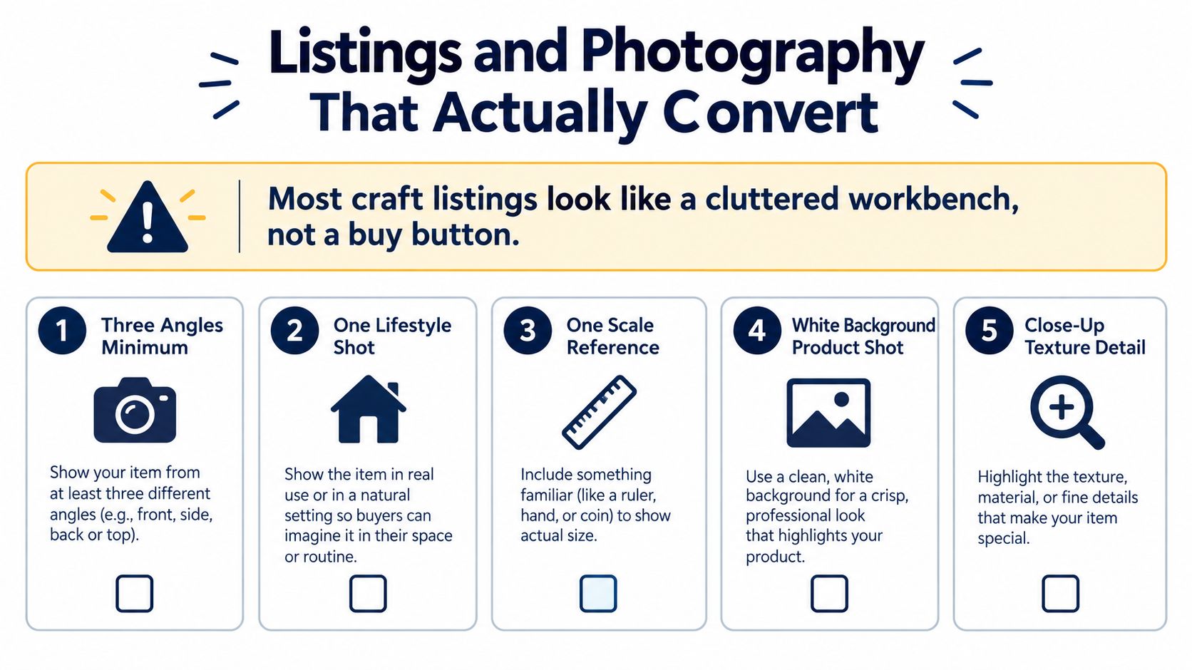 An infographic detailing five professional photography tips for selling crafts online to improve listing conversion rates.