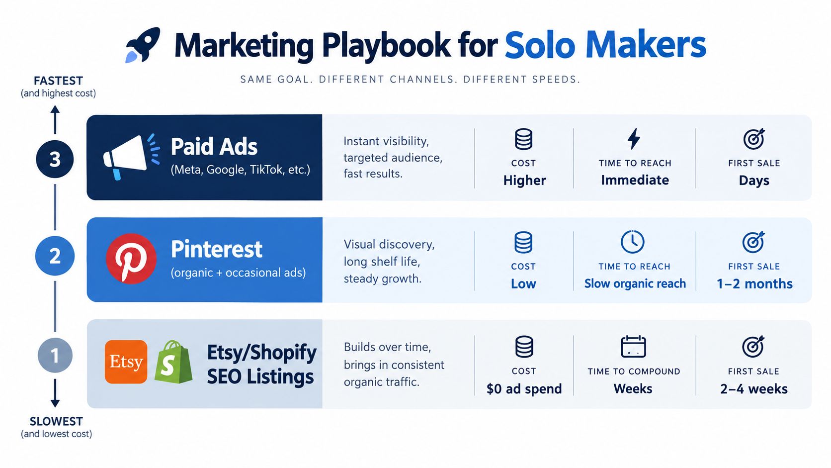 A marketing strategy chart for solo makers comparing the cost and speed of ads, Pinterest, and SEO.