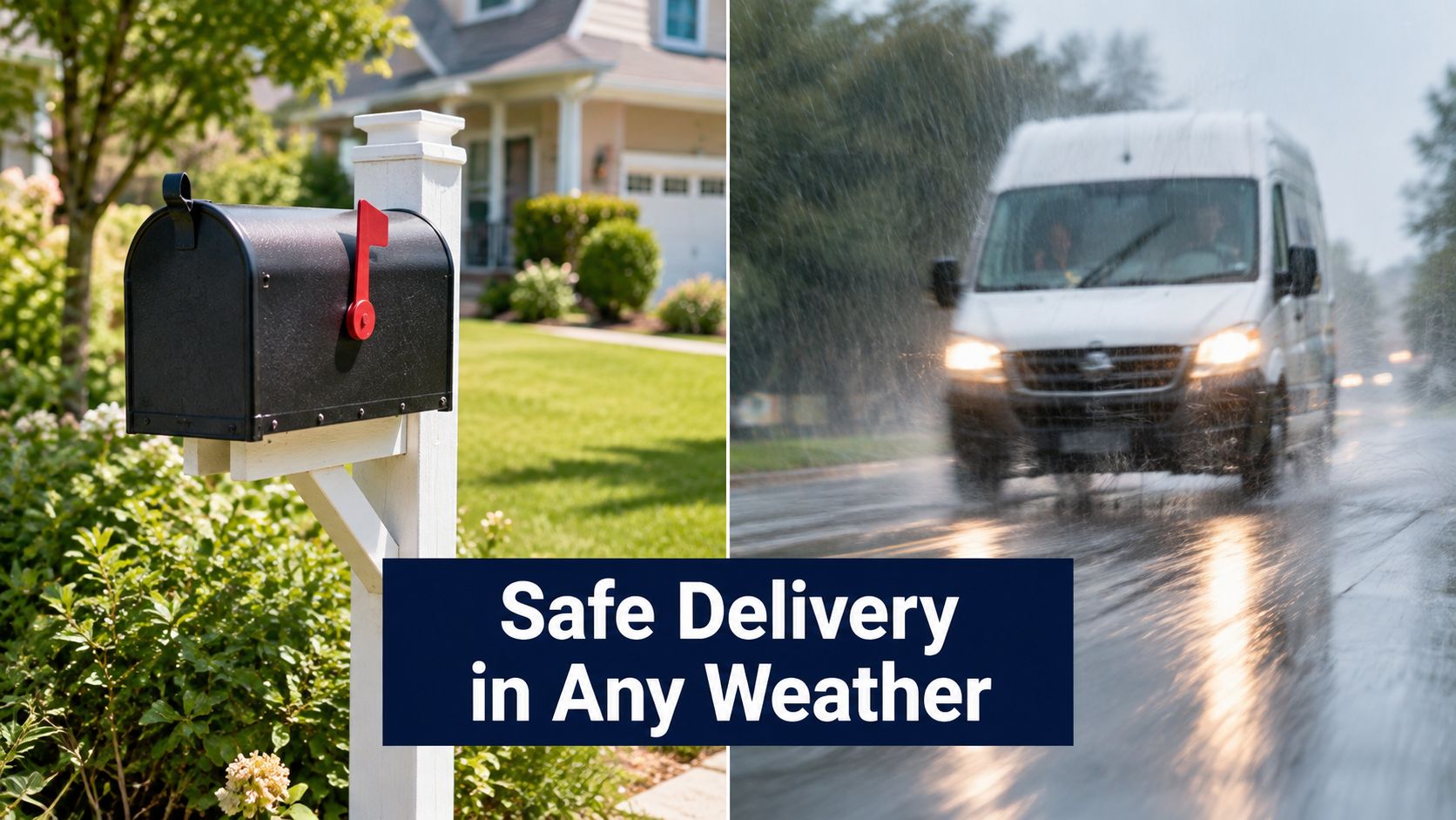 A black mailbox in a sunny yard next to a delivery van driving through rainy weather.