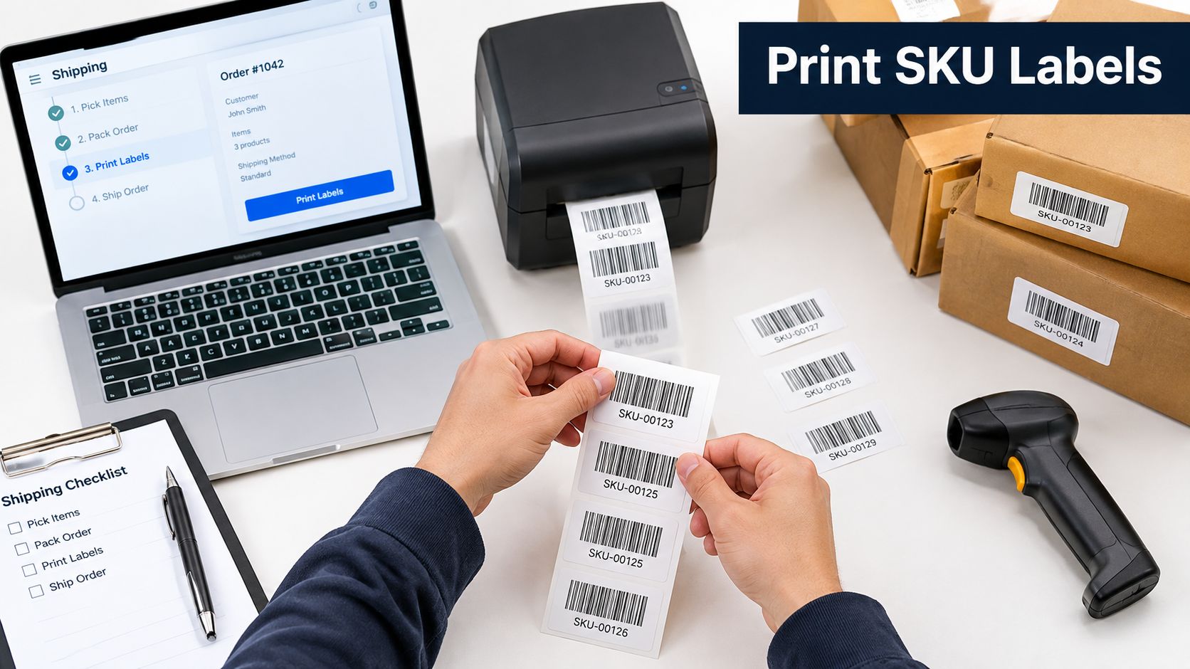 A person organizing printed shipping SKU labels for e-commerce orders at a desk with a barcode scanner.
