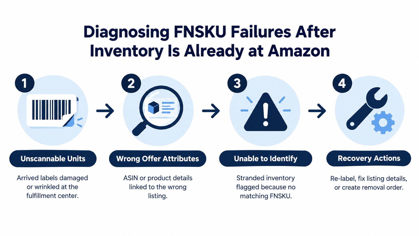 A diagram illustrating the four steps to diagnose Amazon FNSKU label failures for inventory at fulfillment centers.