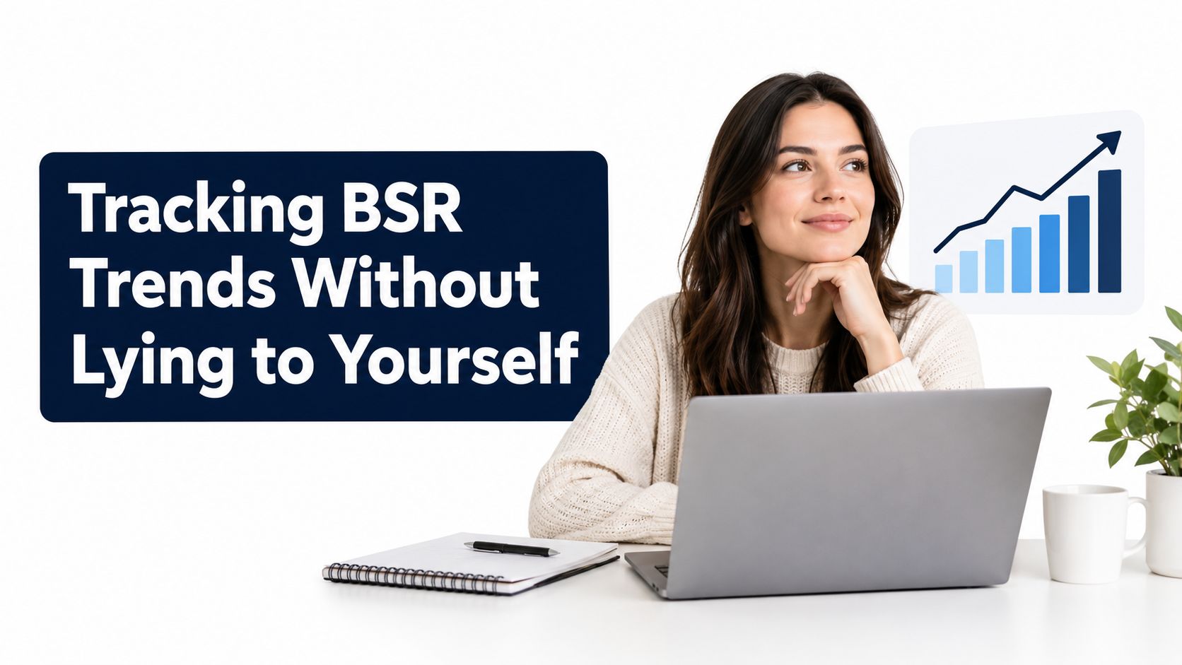 A smiling woman sitting at a desk with a laptop looking at a graph about BSR trends.