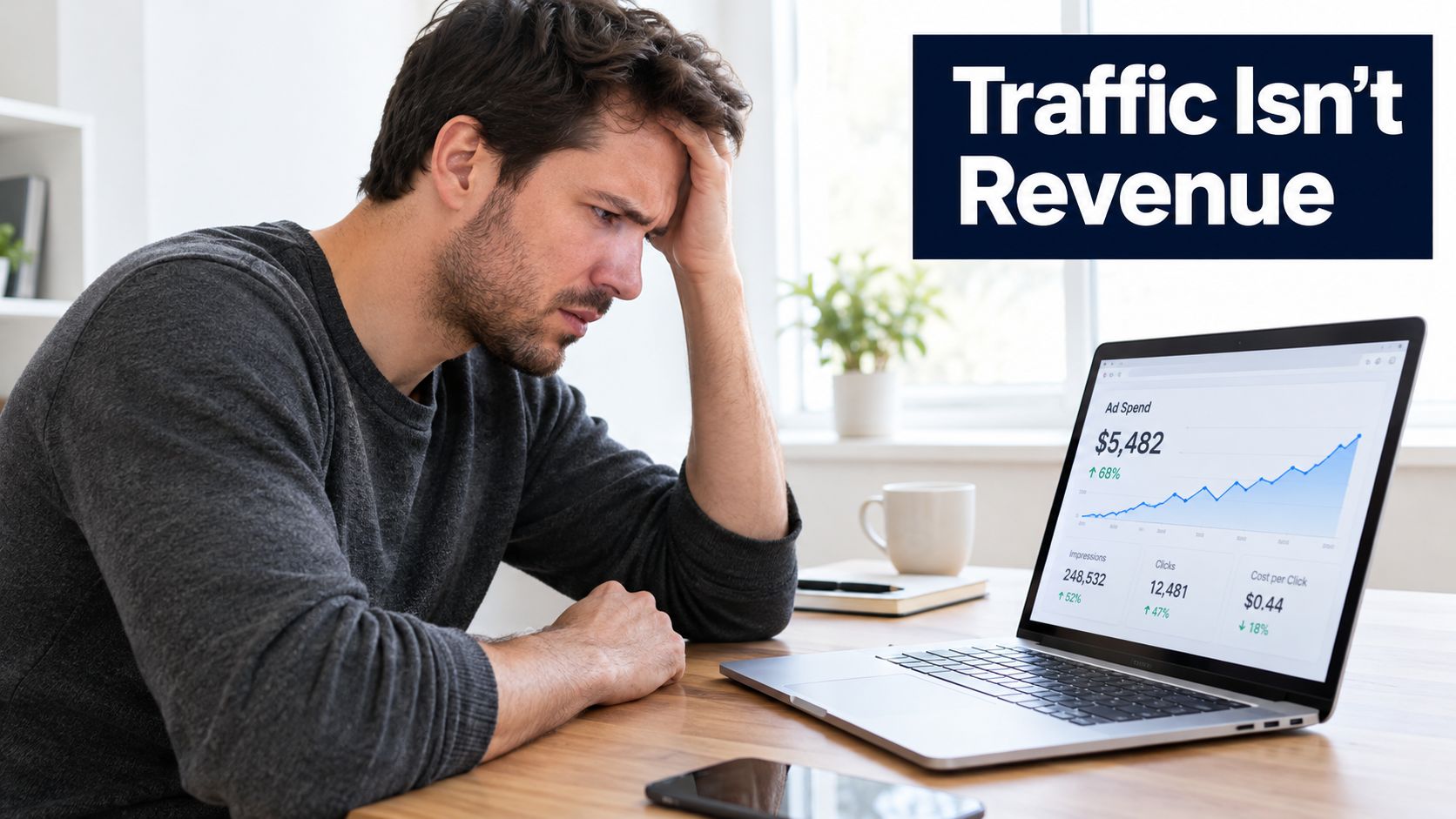 A man looking frustrated at his laptop screen displaying high ad spend and low return metrics.