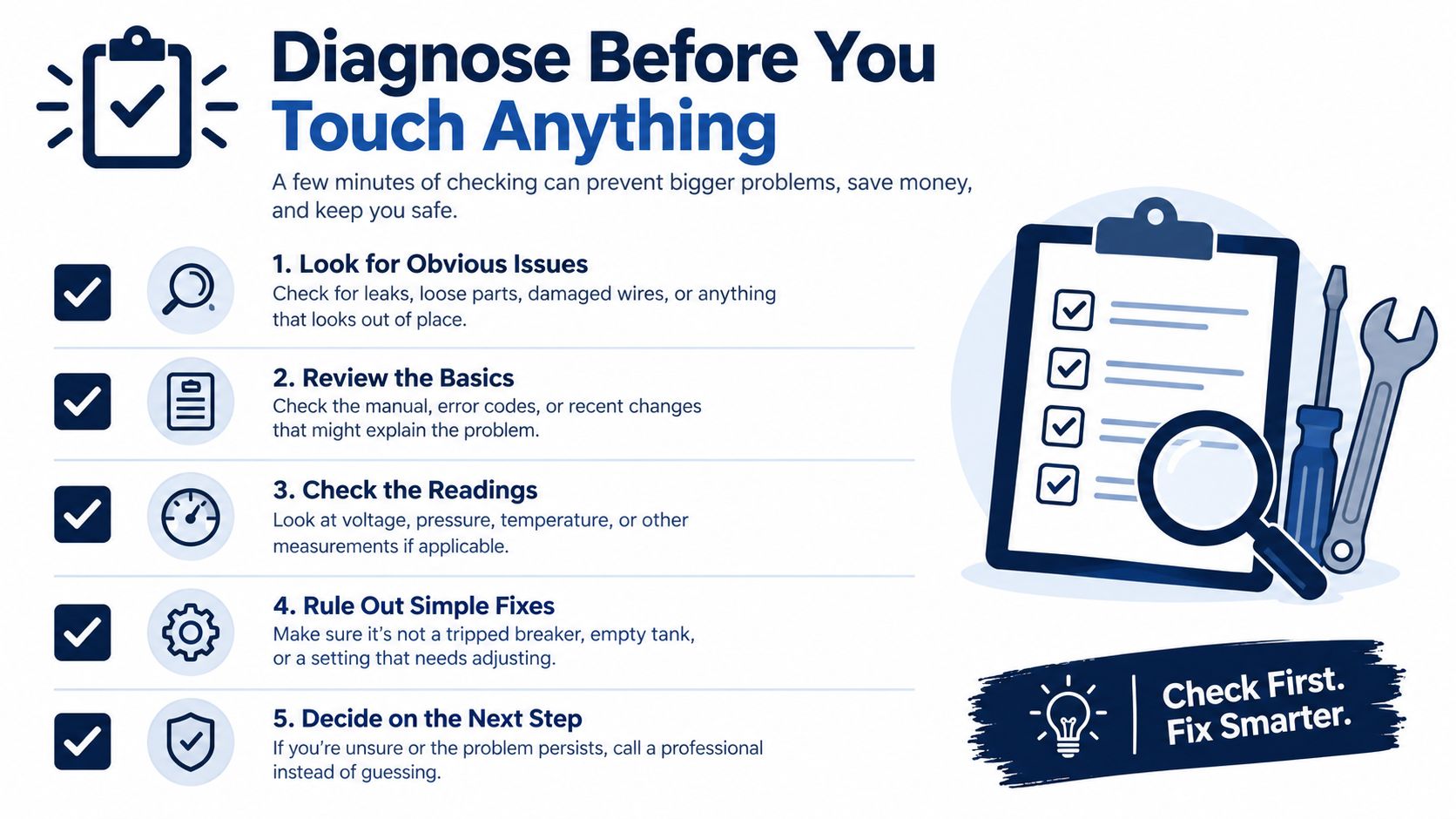 A five-step instructional graphic advising users to diagnose problems before attempting repairs to ensure safety and efficiency.