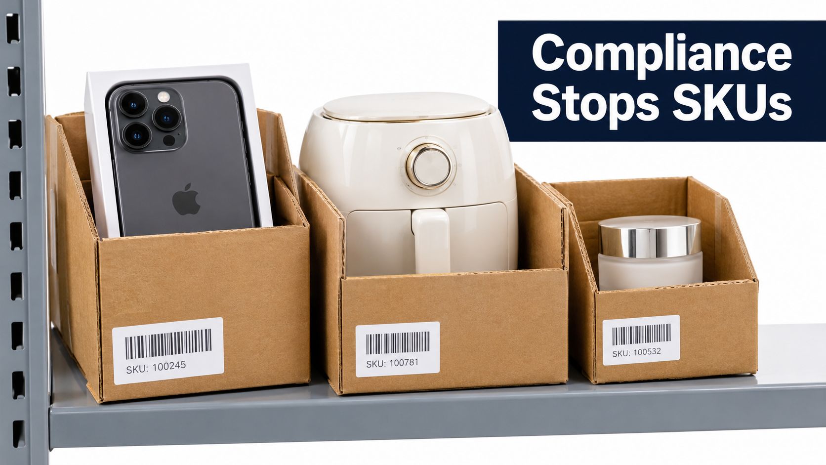 Three cardboard boxes labeled with SKUs sitting on a metal warehouse shelf containing electronic products.