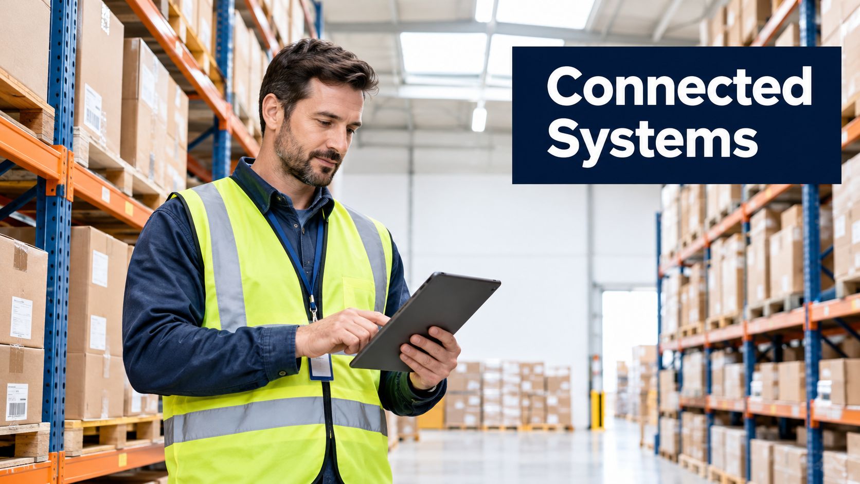 A warehouse worker in a high-visibility vest uses a tablet to manage inventory in a large distribution center.