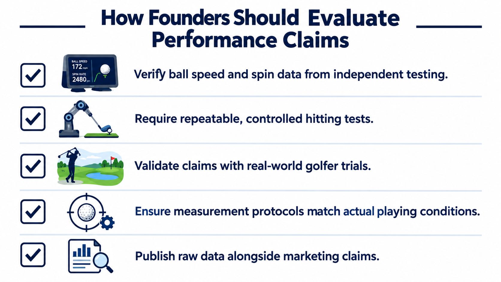 A checklist infographic titled How Founders Should Evaluate Performance Claims for golf equipment with five key steps.