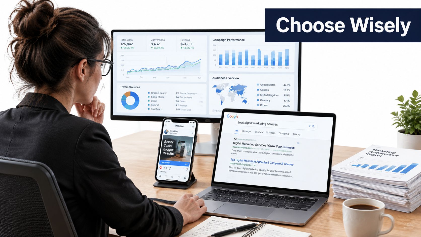 A professional working at a desk with multiple screens displaying marketing analytics and search engine results.
