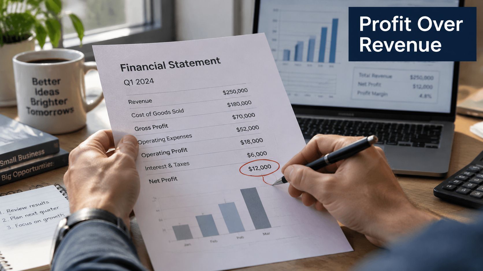 A businessman reviewing financial statement paperwork with profit analysis and handwritten notes at a desk workspace.