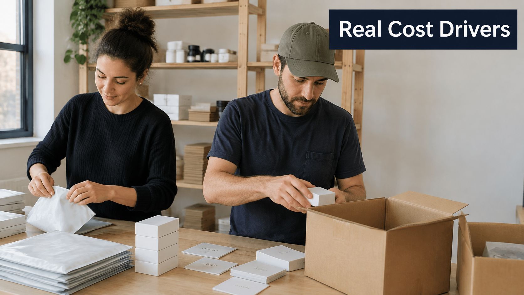 A man and a woman packing small products into boxes for shipping in a warehouse setting.
