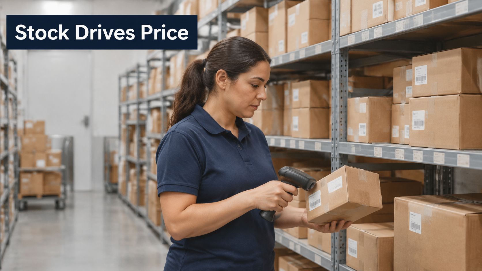 A warehouse worker in a blue polo shirt scans a package label with a handheld scanner.