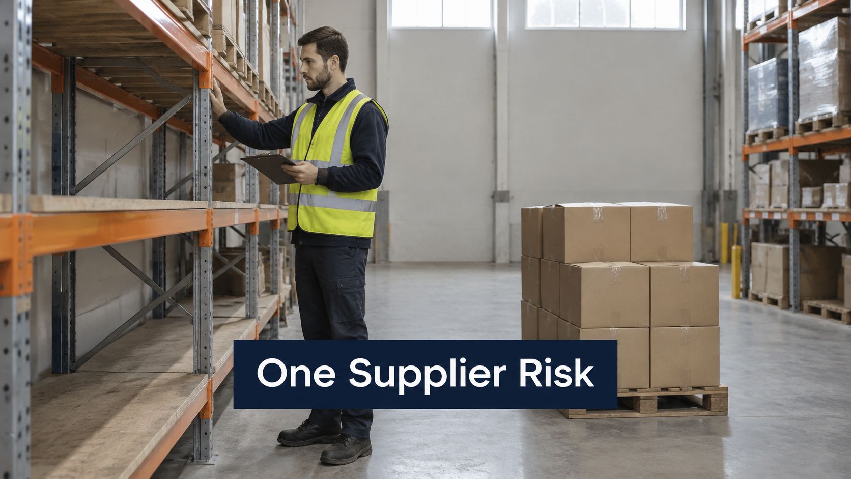 A warehouse worker in a safety vest inspecting empty storage shelves with a clipboard in his hand.