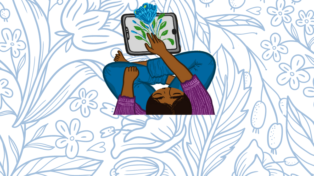 Illustration of woman using tablet with flower image against floral background