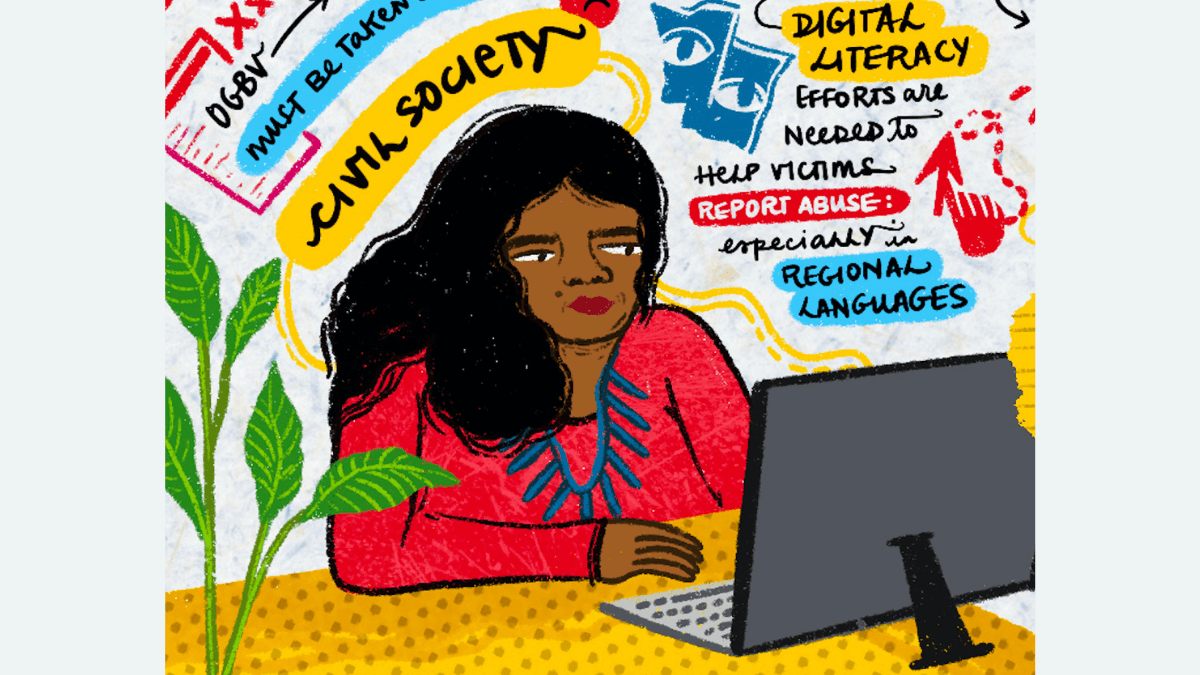 Illustration of woman using desktop computer with "OGBV must be taken seriously" and "Digital literacy efforts are needed to help victims report abuse especially in regional languages" written in the background
