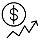 an outline icon of a profit prediction line with an arrow at the end and a coin with a dollar sign