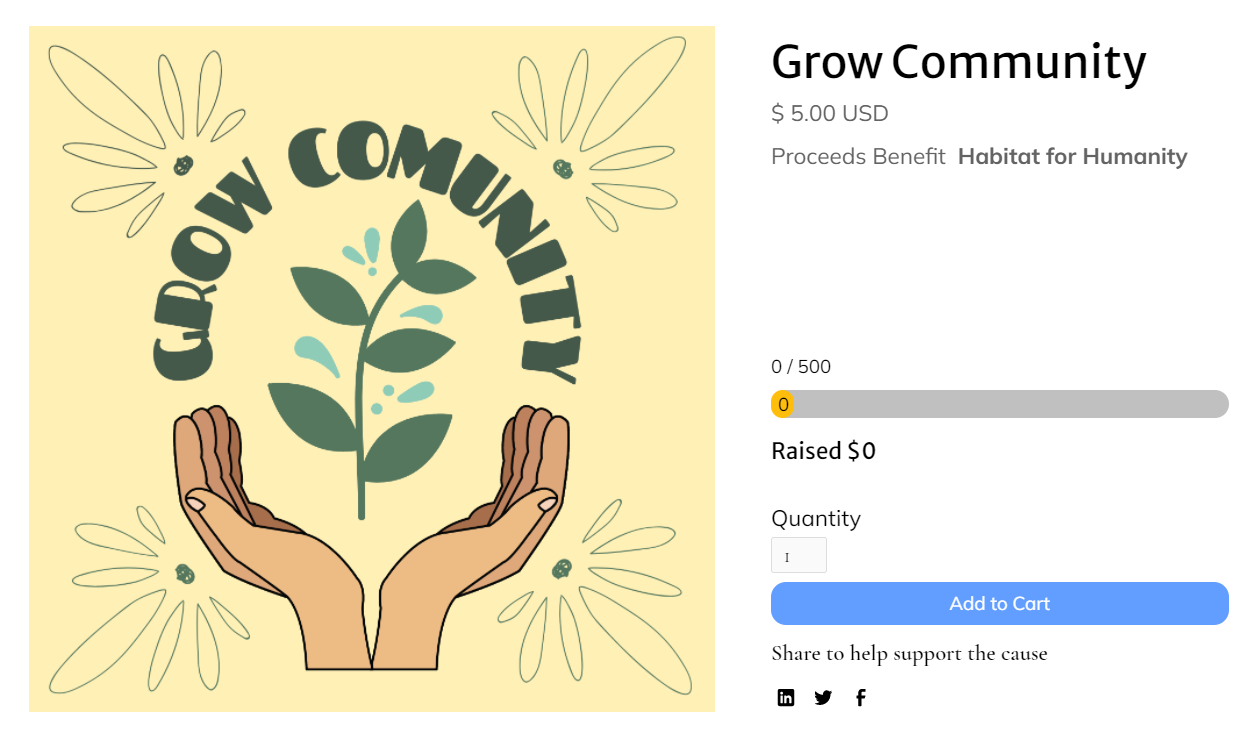 Image showing an example product page, for the grow community sticker, demonstrating what your campaign might look like 