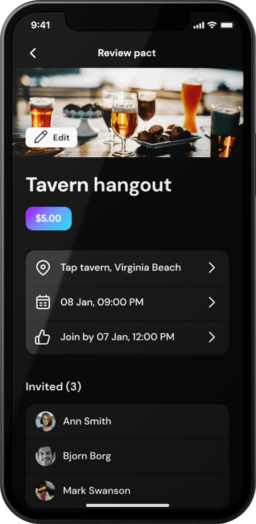 Fwego mobile app screen. Review pact with event details.