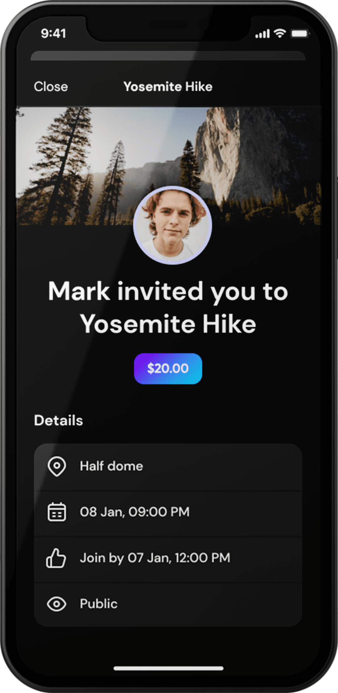 Fwego mobile app screen. Mark invited you to Yosemite Hike