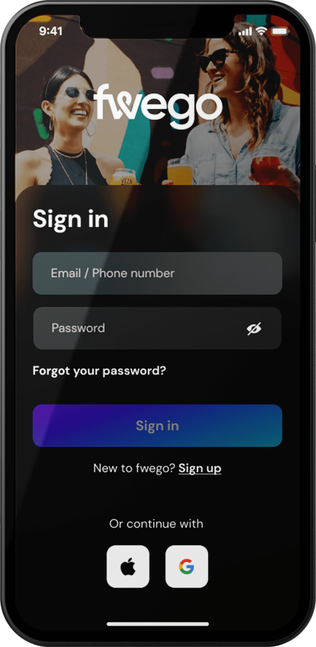 Fwego mobile app Sign in screen