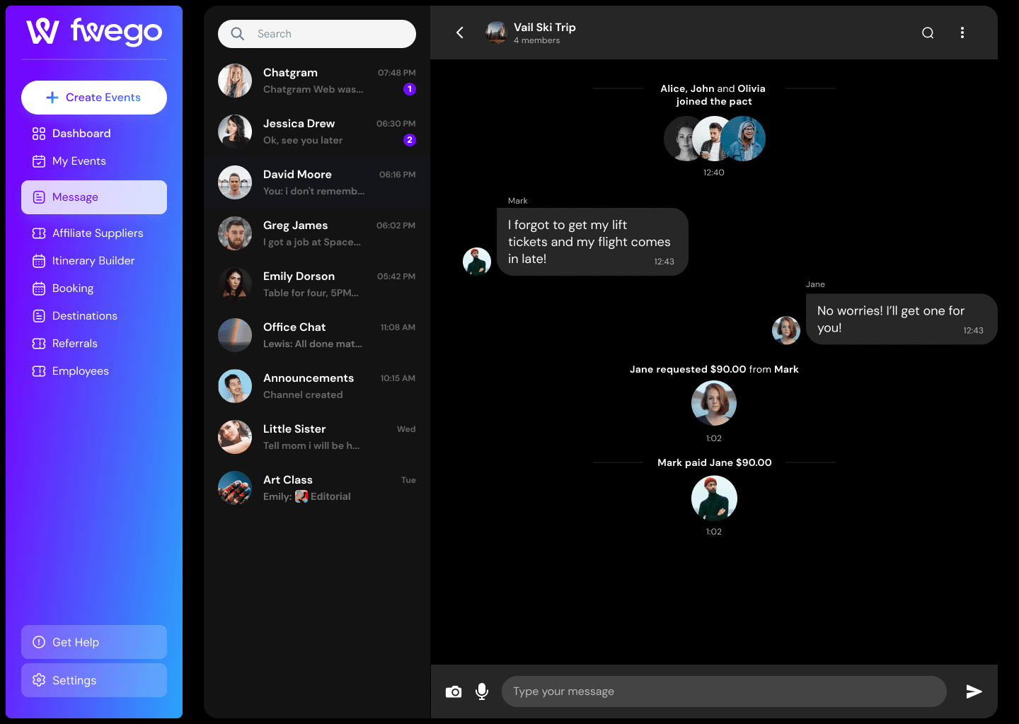 Fwego mobile app screen. Mark invited you to Yosemite Hike