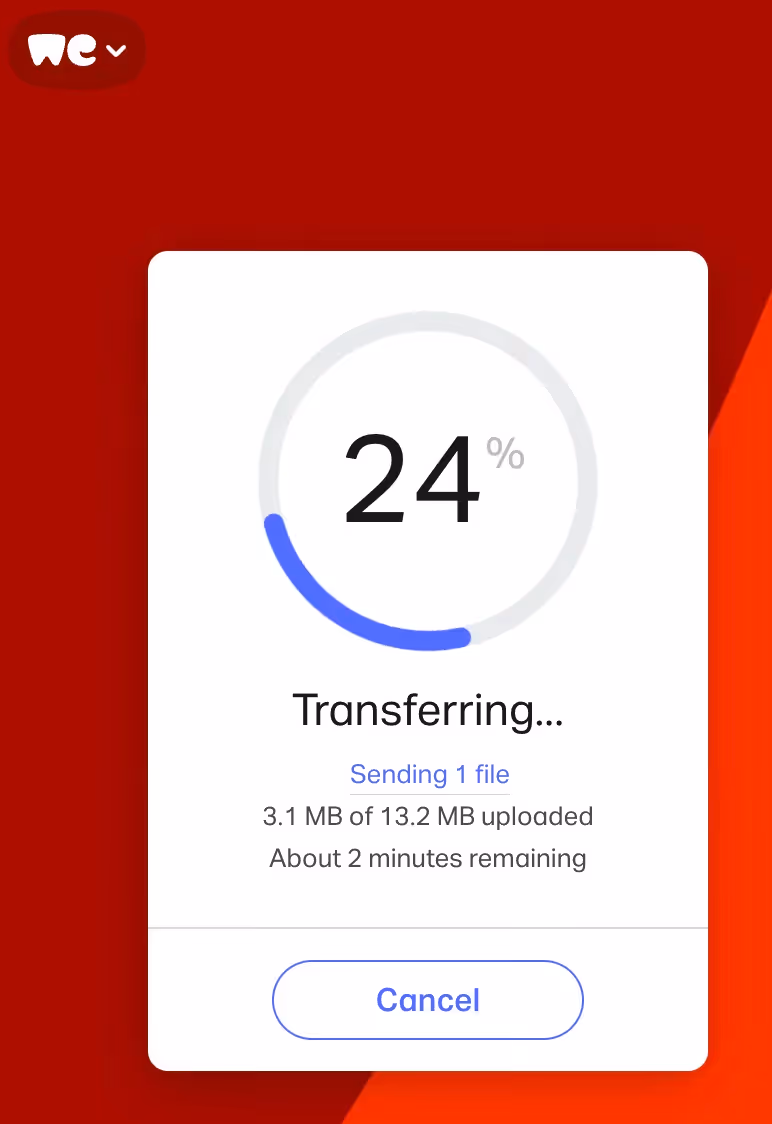 The image is a screenshot from WeTransfer. The screenshot shows the software processing a file transfer.