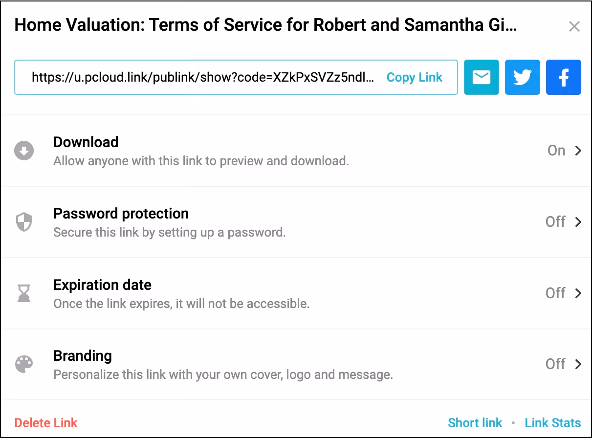 The image is a screenshot from the file sharing software P Cloud. The screenshot shows P Cloud's secure link sharing options including allowing people to download the file, password protection and expiry date.