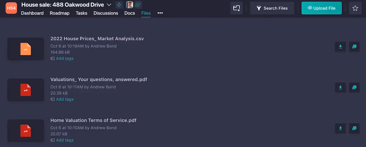 The image is a screenshot of the Nifty Project Management tool. The screenshot shows the files area of a Nifty project, with files relating to a realtor's house sale displayed.