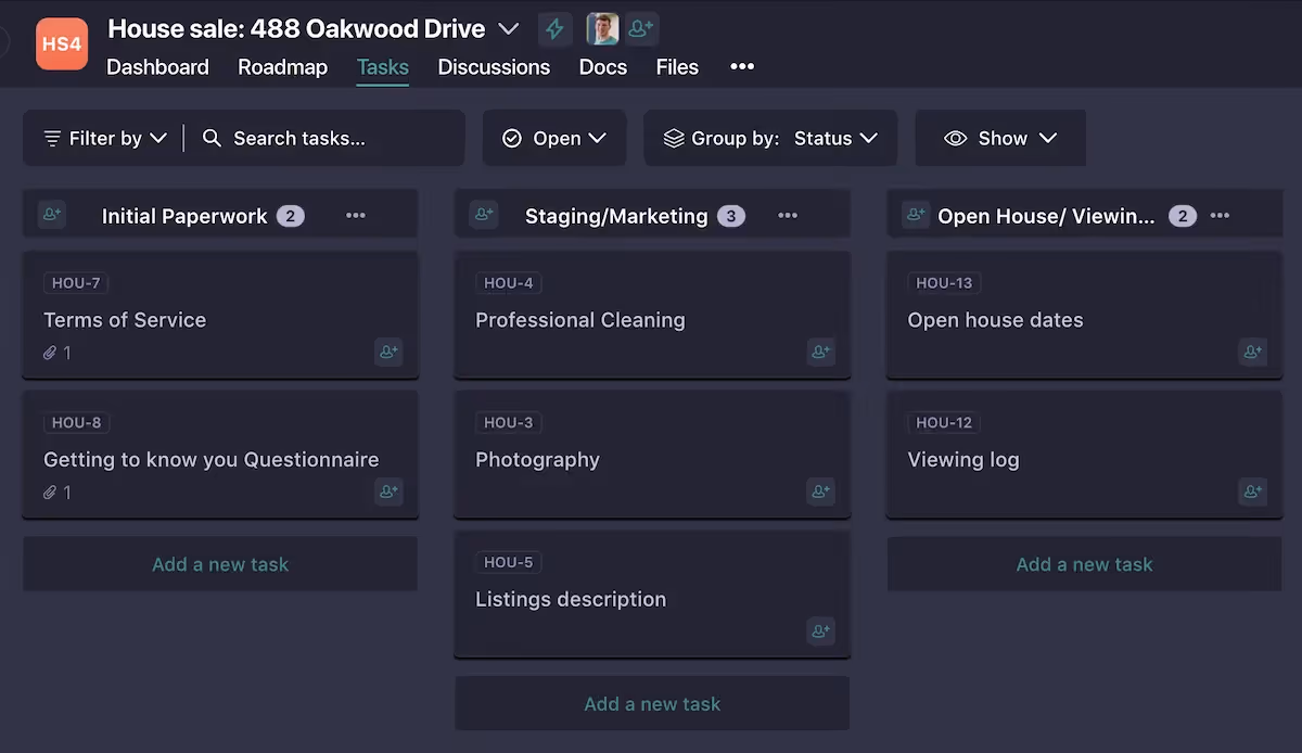 The image is a screenshot from Nifty Project Management software. The image shows Nifty's dashboard split into three columns, Initial Paperwork, Staging/Marketing and Open House/Viewing.