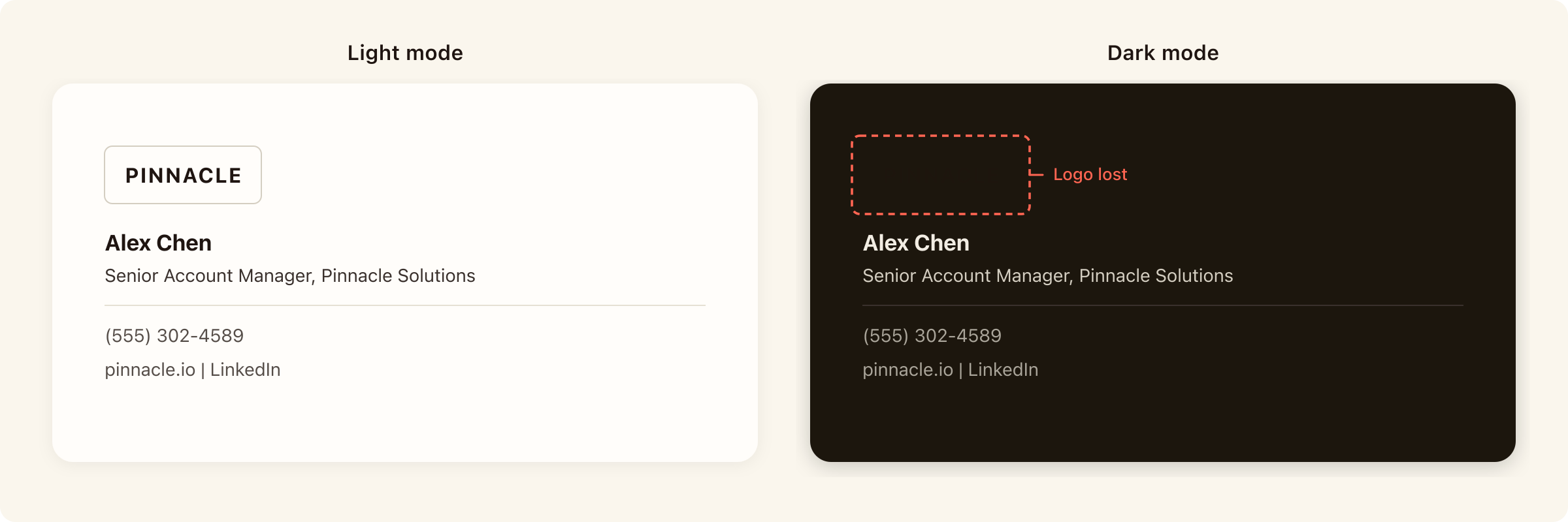 Email signature in light mode and dark mode side by side showing a transparent logo losing legibility in dark mode