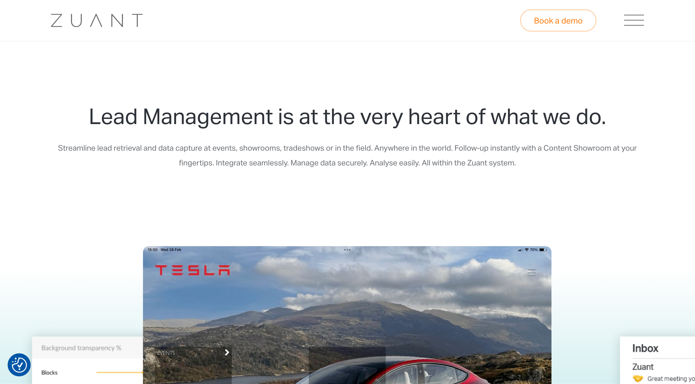 Zuant homepage introducing its lead capture and lead management platform