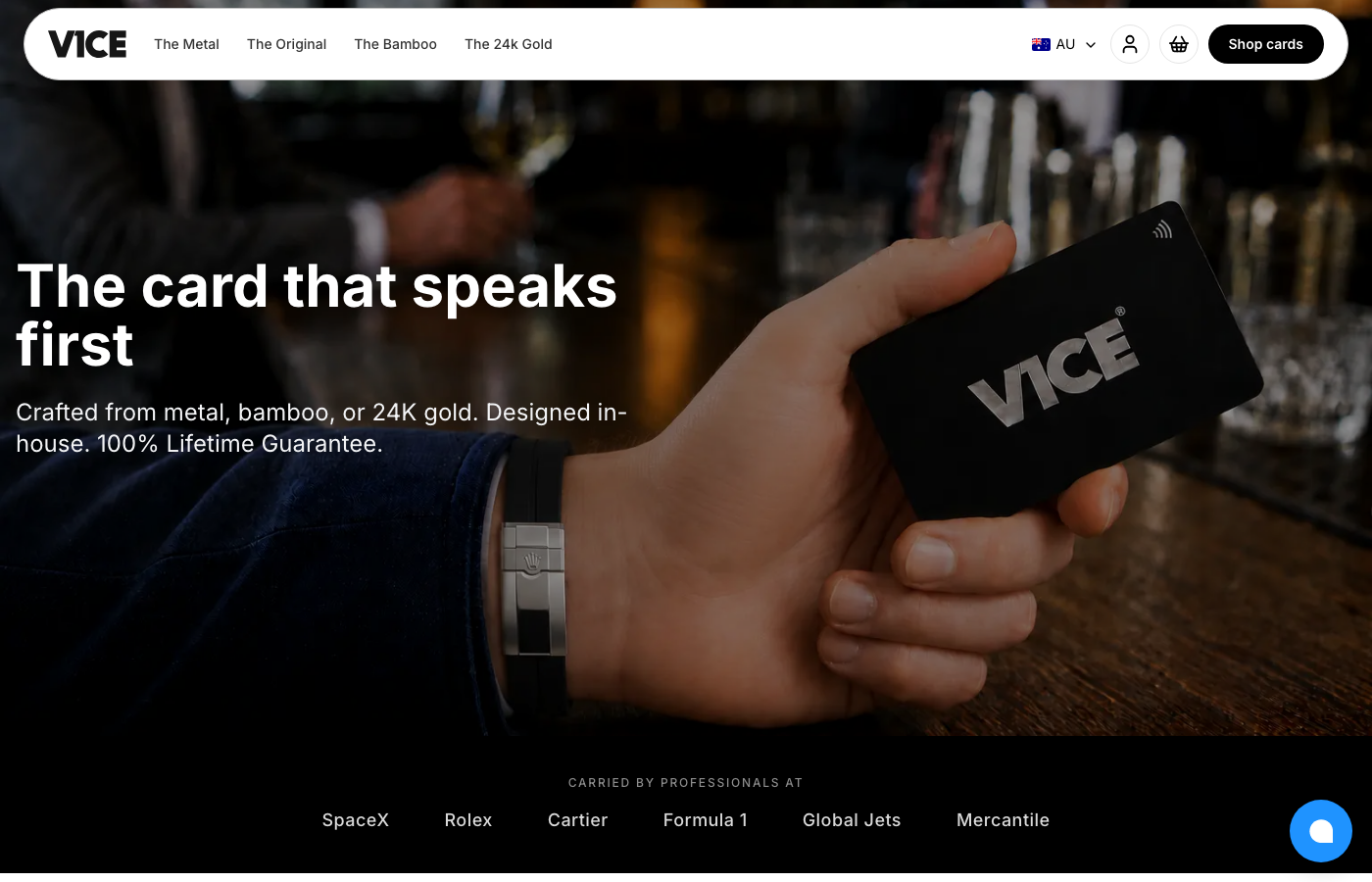 V1CE’s products page showing its metal NFC business card with metal, bamboo, and 24K gold options