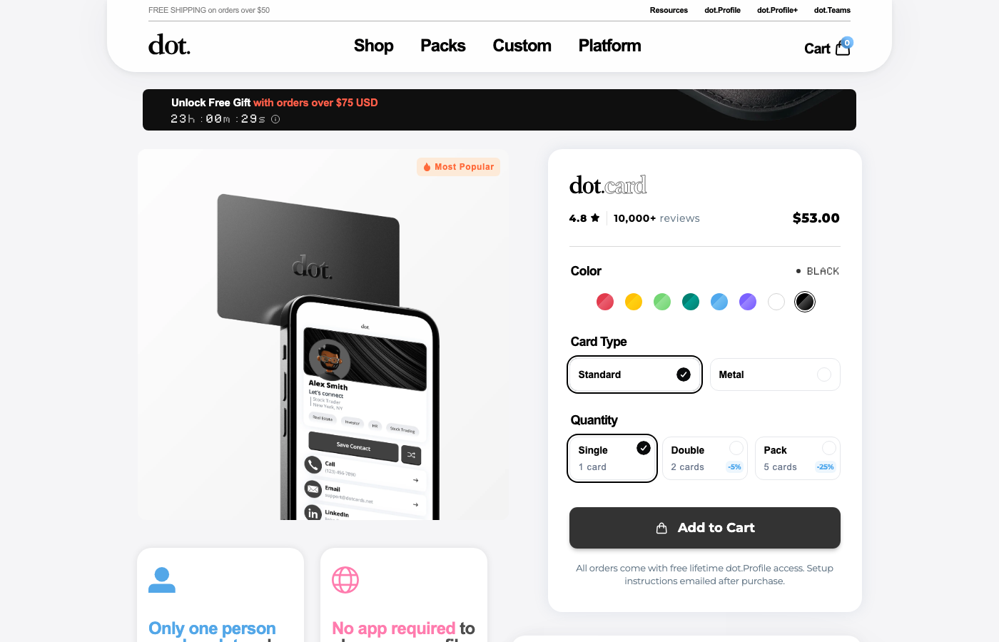 Dot’s product page showing the standard dot.card at $53 with color options and pack discounts