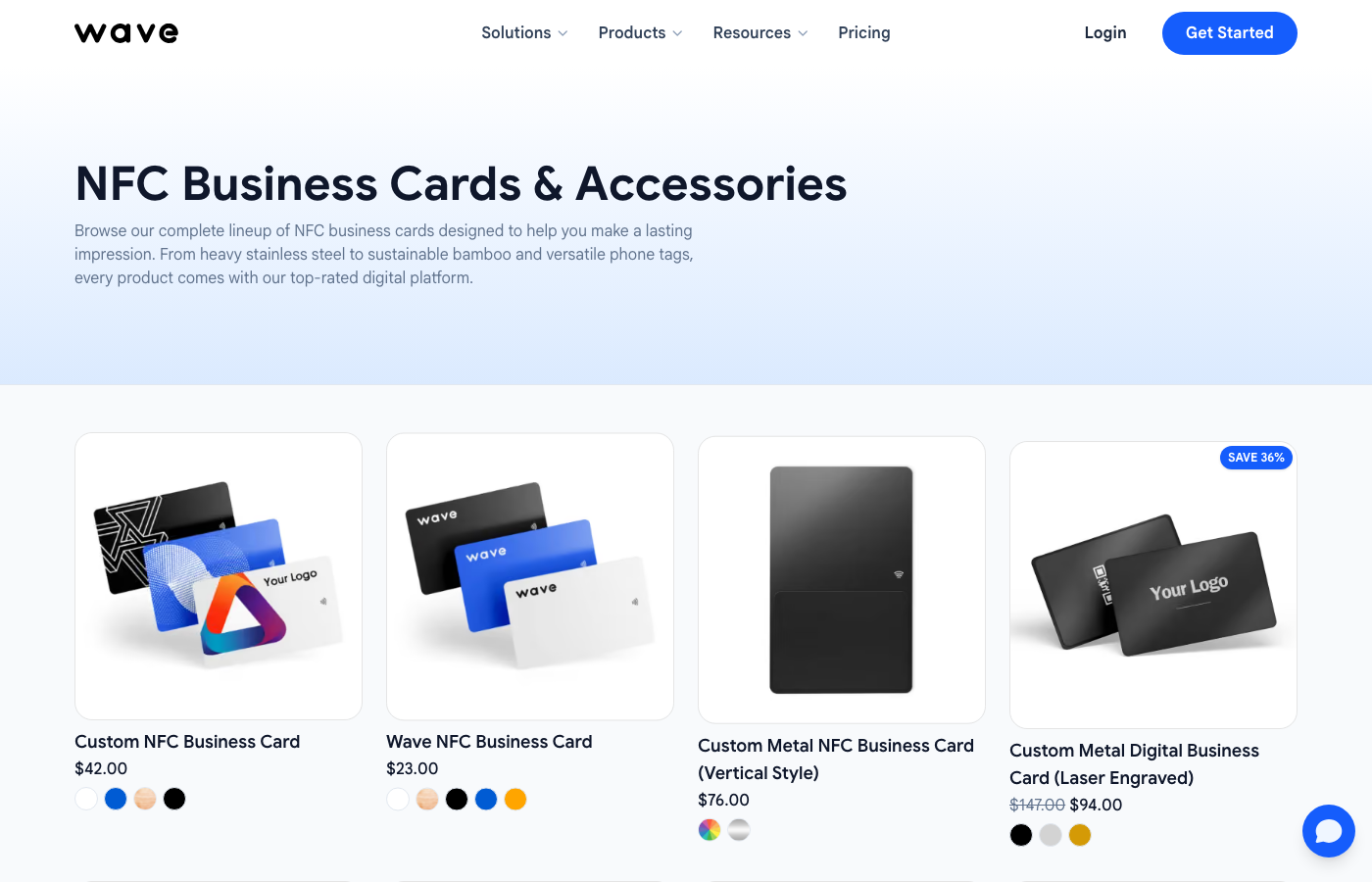 Wave Connect’s NFC business card catalog showing bamboo cards from $23 and metal cards from $53