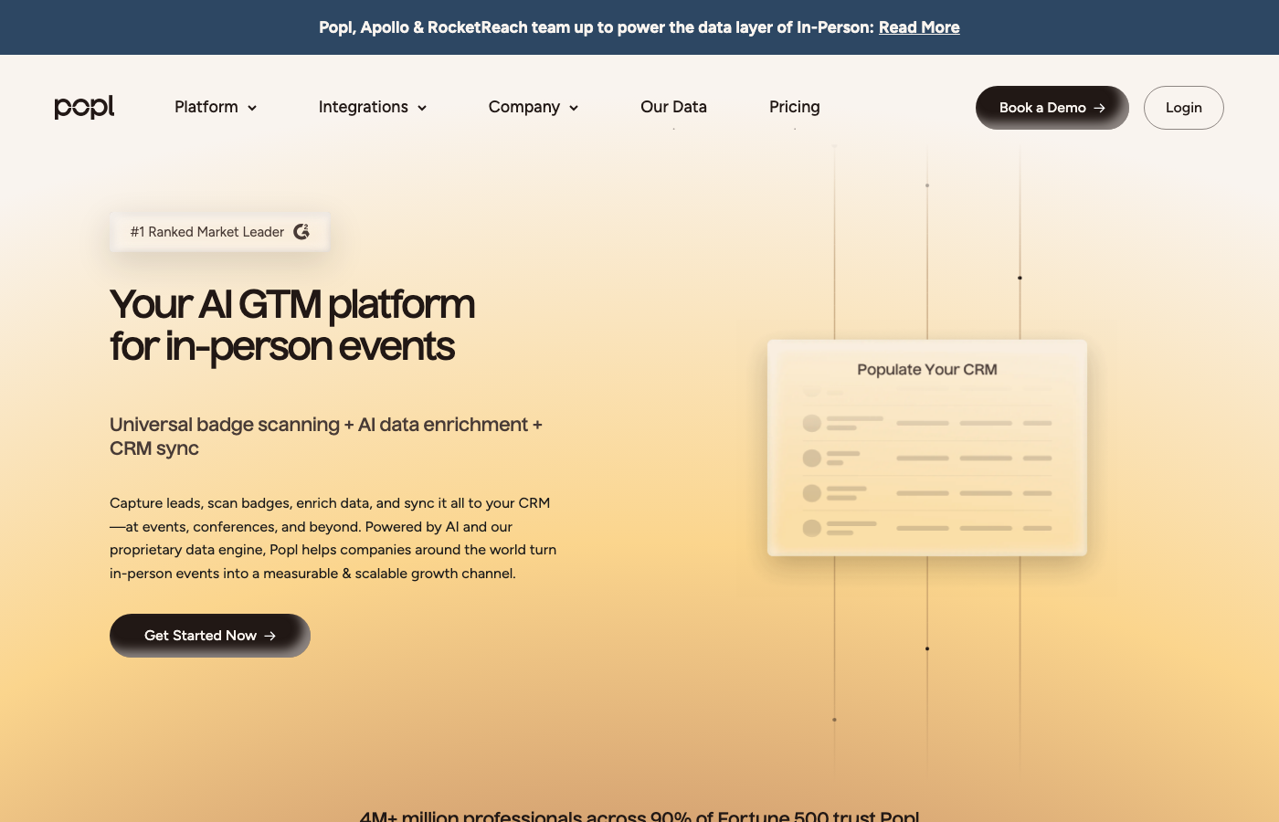 Popl’s website leading with enterprise event lead capture software rather than consumer NFC cards