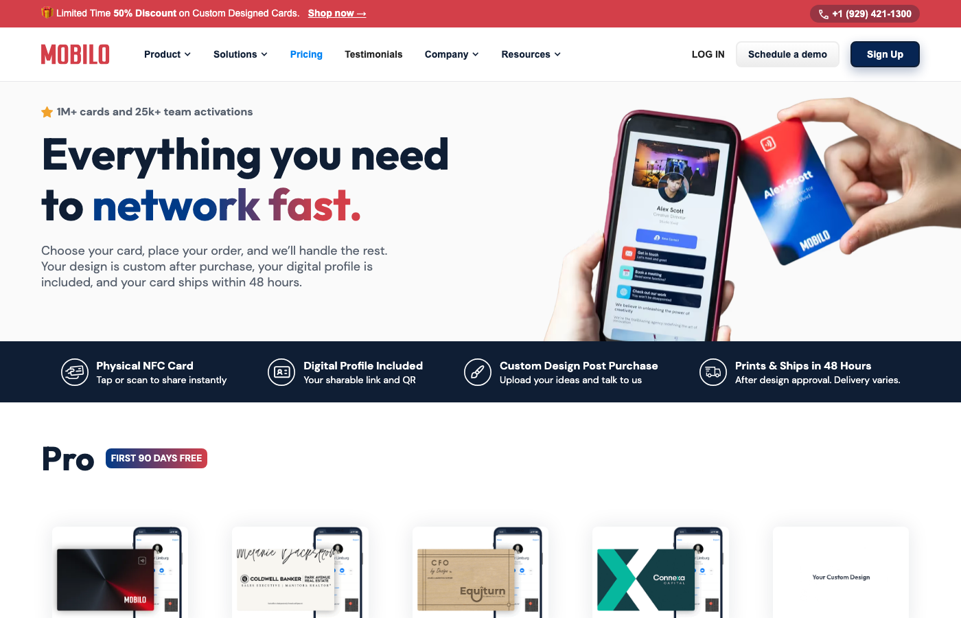 Mobilo’s pricing page showing the Pro plan with the first 90 days free included with card orders