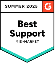 G2 Summer 2025 Best Support Mid-Market badge with G2 logo on red background.