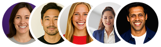 Headshots of five diverse smiling people in circular frames on a white background.