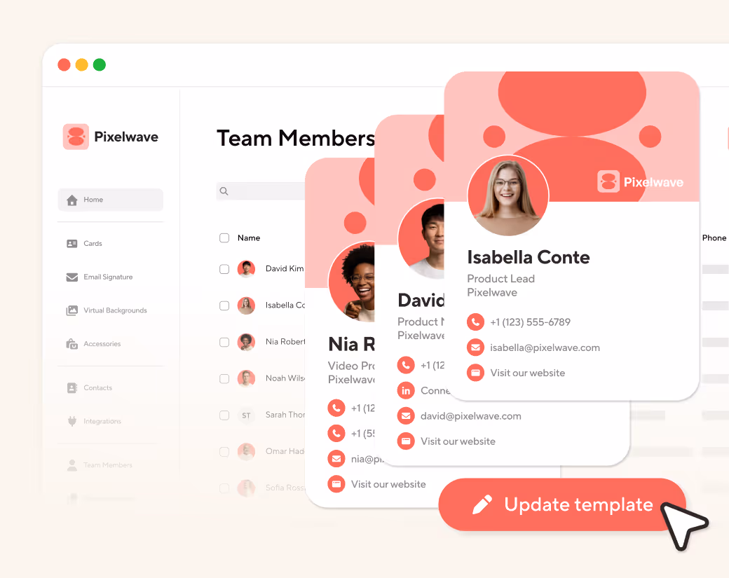 User interface displaying a team members list with profile cards for Isabella Conte, David Kim, and Nia Roberts from Pixelwave, and a red 'Update template' button with cursor pointer.