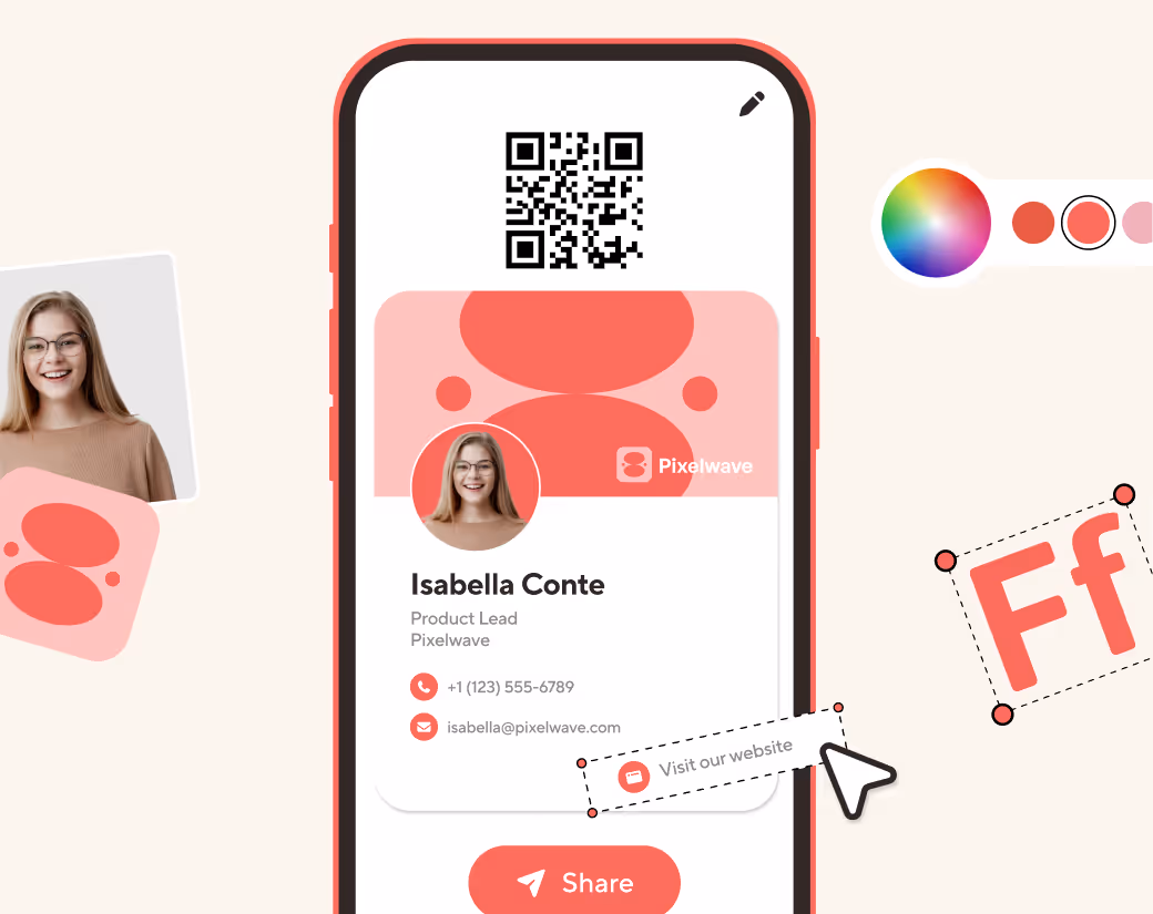 Mobile screen displaying a digital business card for Isabella Conte, Product Lead at Pixelwave, with QR code, contact details, and a share button.
