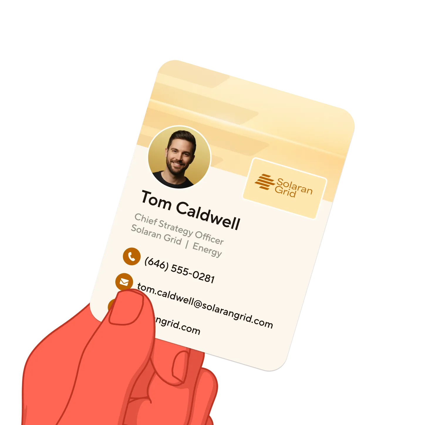 Hand holding a business card for Sophie Jones, Product Lead at Better Connected Co, with contact phone, email, and LinkedIn icons.