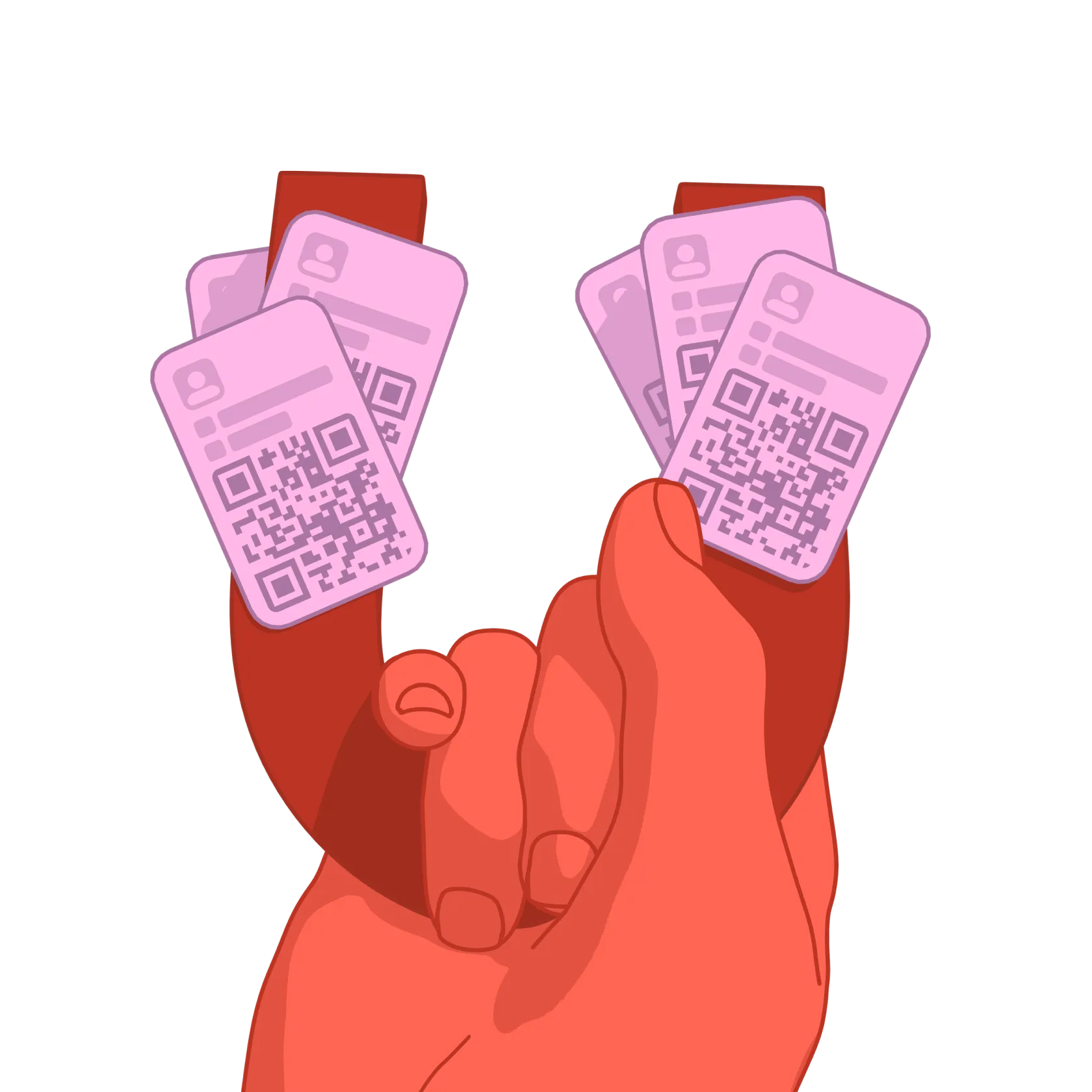 Illustration of a hand holding a magnet attracting multiple digital ID cards with QR codes.