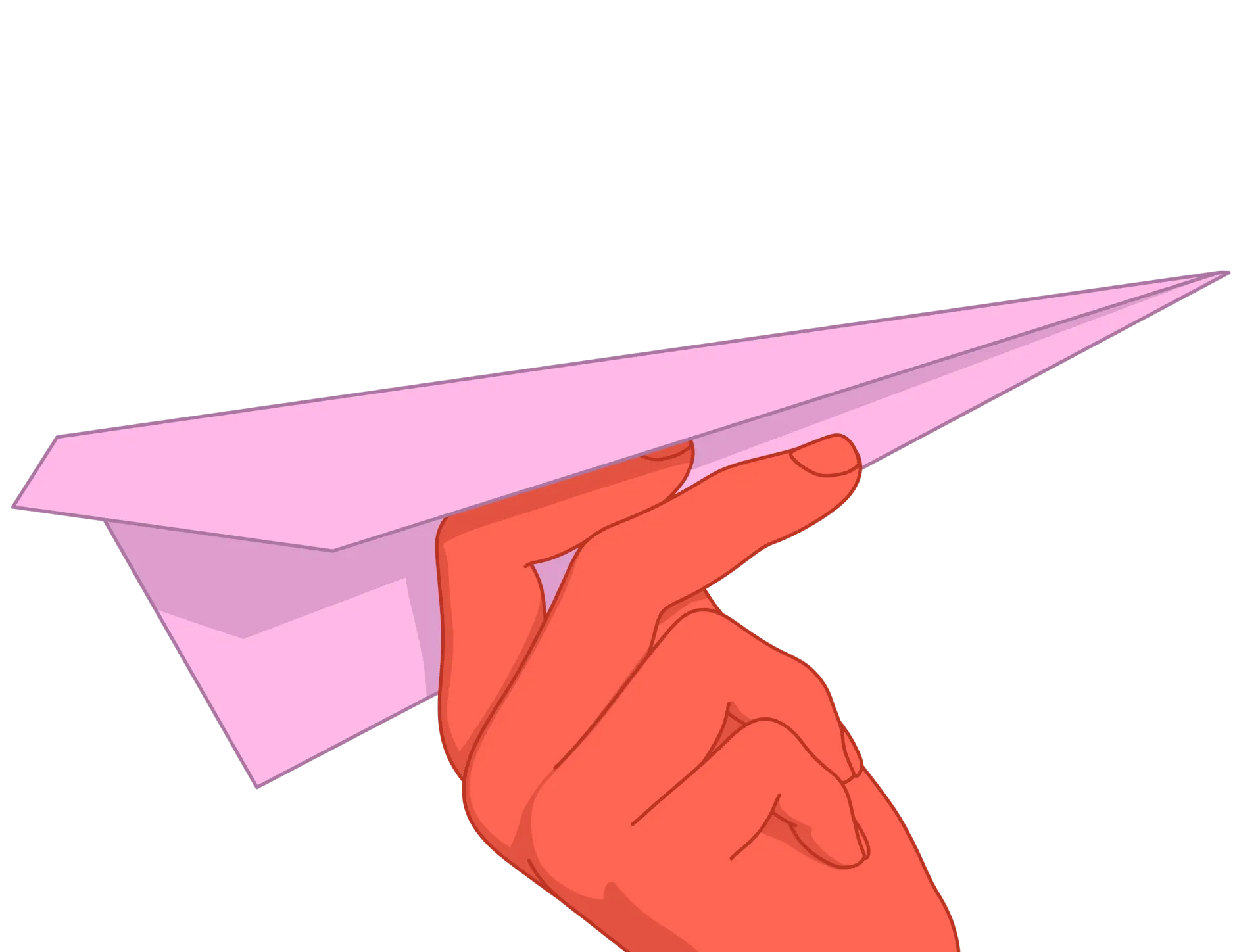 Illustration of a red hand holding a pink paper airplane against a pale yellow background.