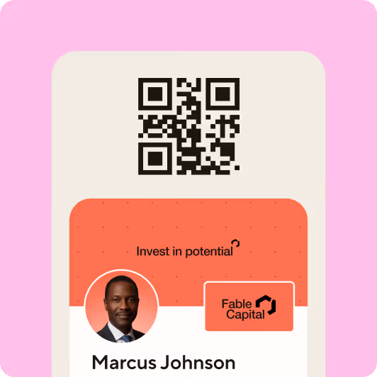 Business card with a QR code, a photo of Marcus Johnson, and the text 'Invest in potential' and 'Fable Capital.'