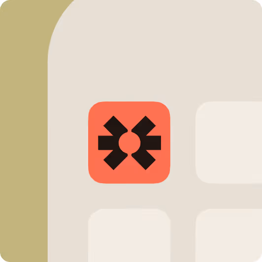 Abstract design with a red square containing four black arrow-like shapes pointing inward toward a small red circle in the center, on a light beige background with rounded corners.