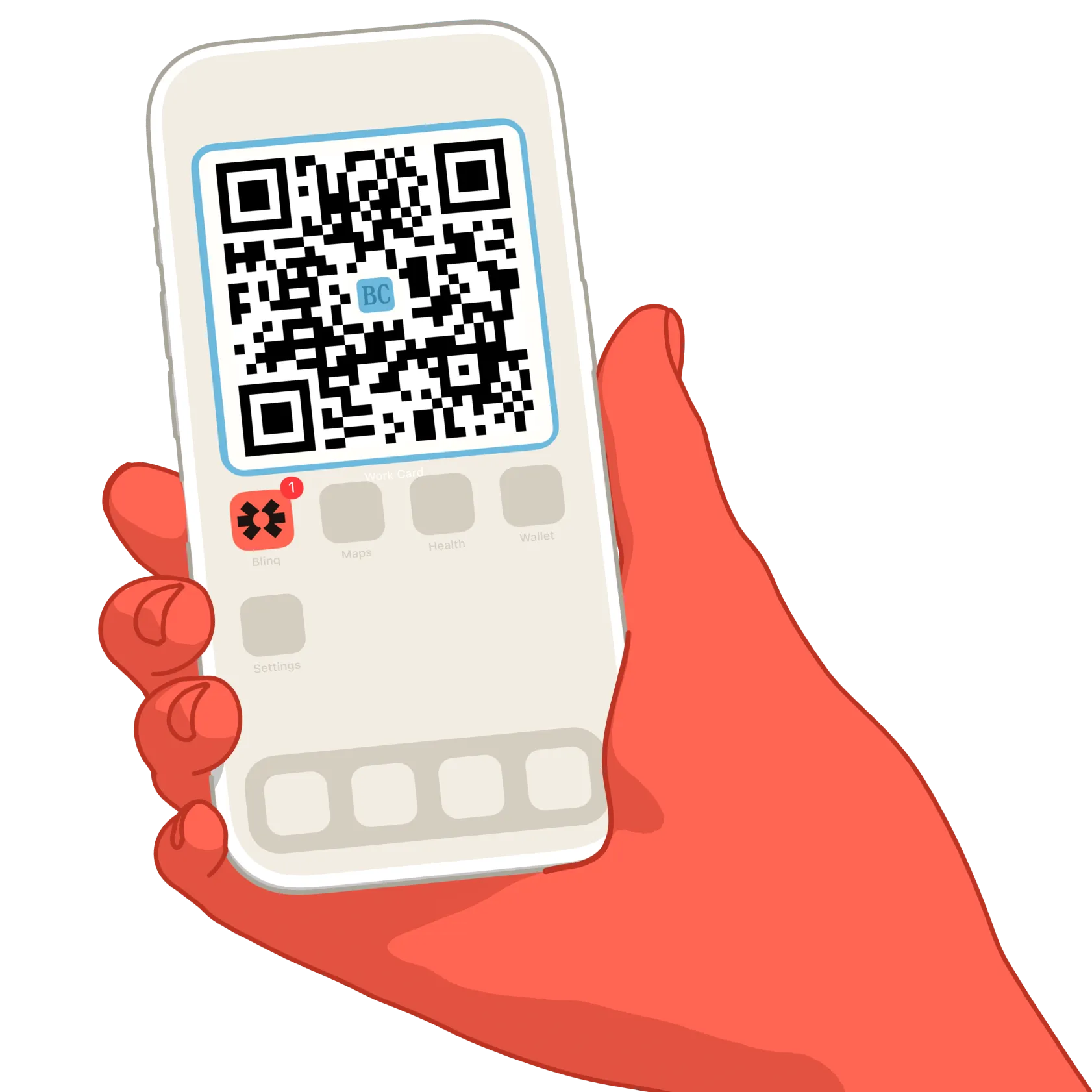 Illustration of a red hand holding a smartphone displaying a digital business card for Steph Yeo, Head of Product at Tele Systems, with contact info and a share button.