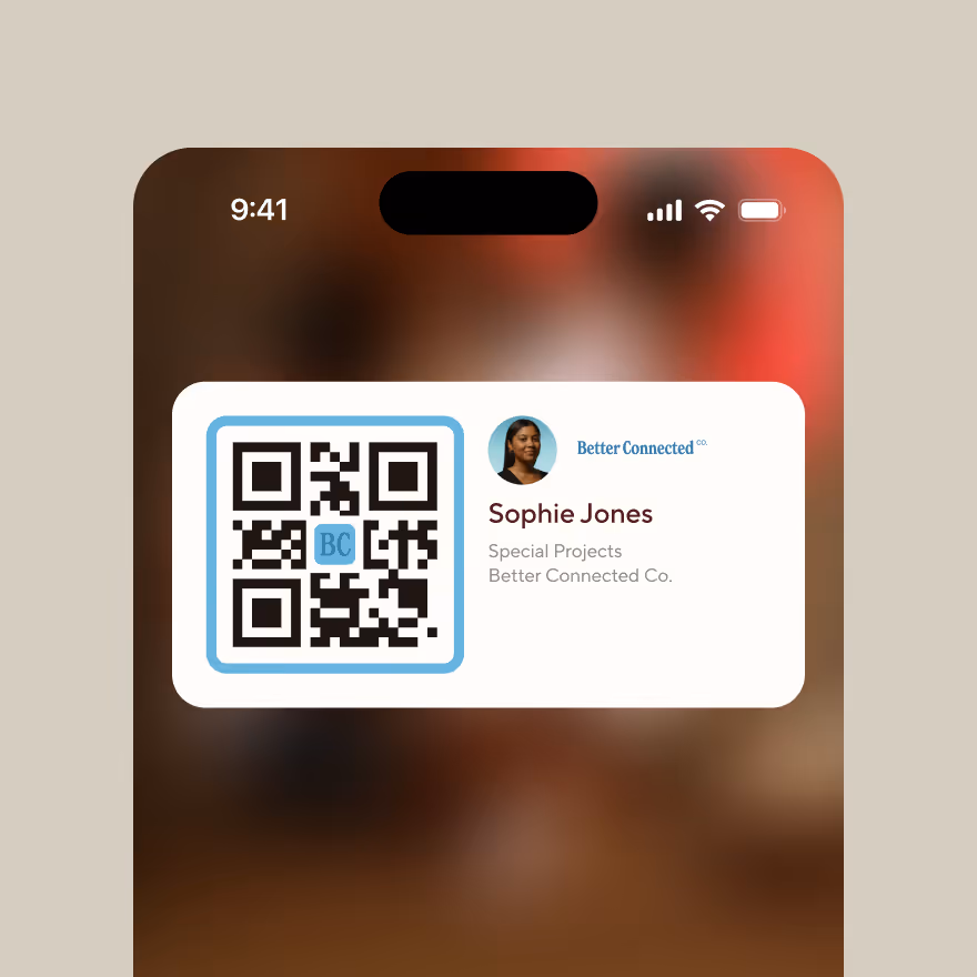 iPhone home screen widget showing a Blinq digital business card with QR code